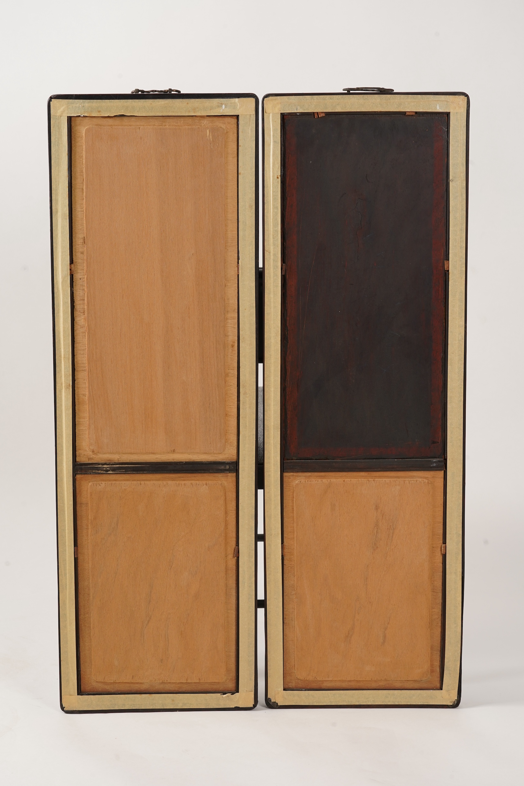 A pair of Chinese embroidered silk ‘bird’ panels, in mother-of-pearl inlaid hongmu frames, late 19th/early 20th century